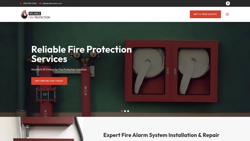 Reliable Fire Protection website homepage showing fire hose cabinets